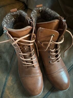 Cozy Brown Lace-Up Faux-Leather Ankle Boots